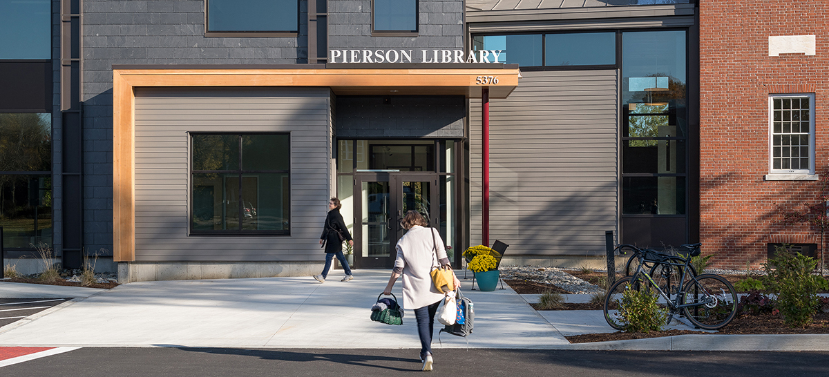 Pierson Library entrance exterior with library patrons