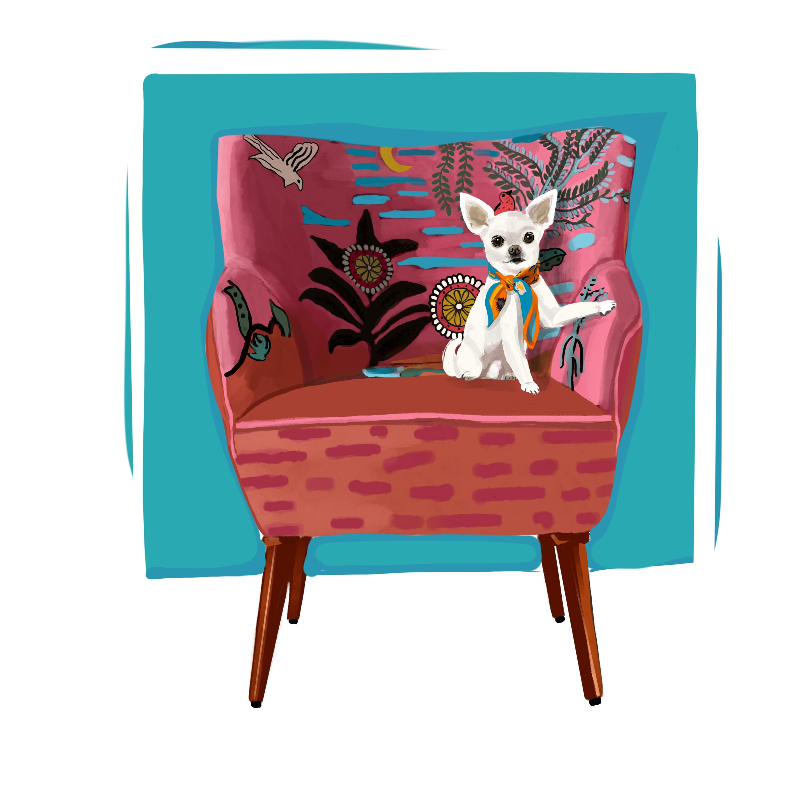 Liza_Burns_Chihuahua on Chair_2024_Giclee_18x18 framed $225 (1)